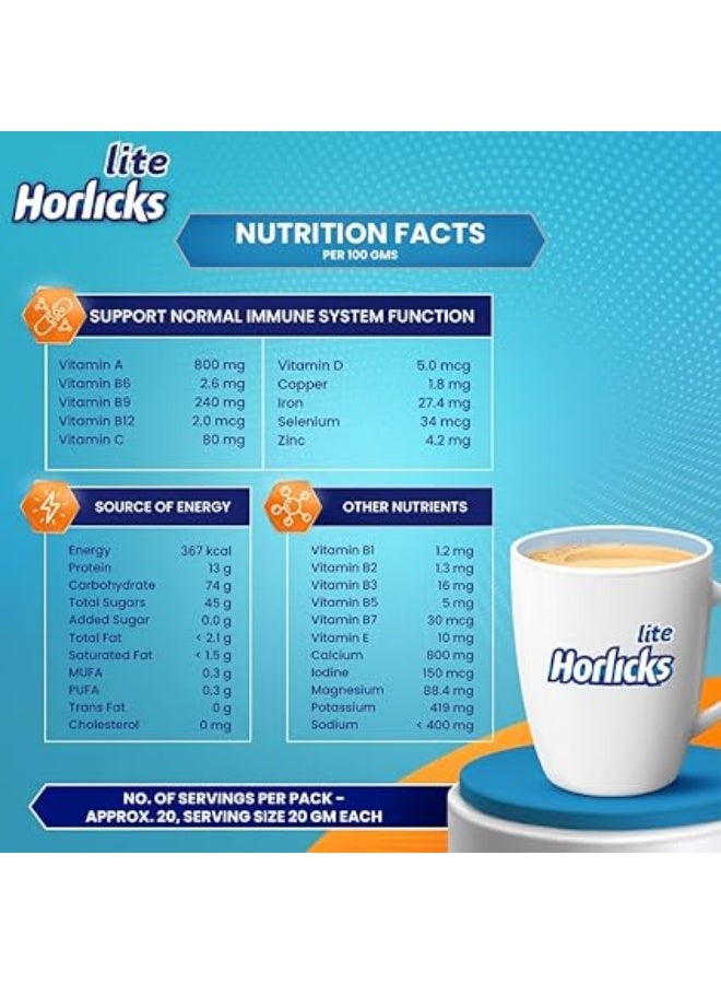 Horlicks Lite 450g, Scientifically designed for Adults |High Protein, Zero added sugar | Malt Flavor - Image 2